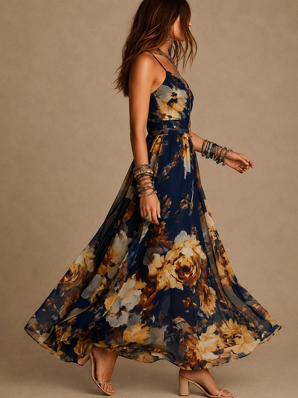 Rosine | Langes geblümtes Kleid mit Spaghettiträgern