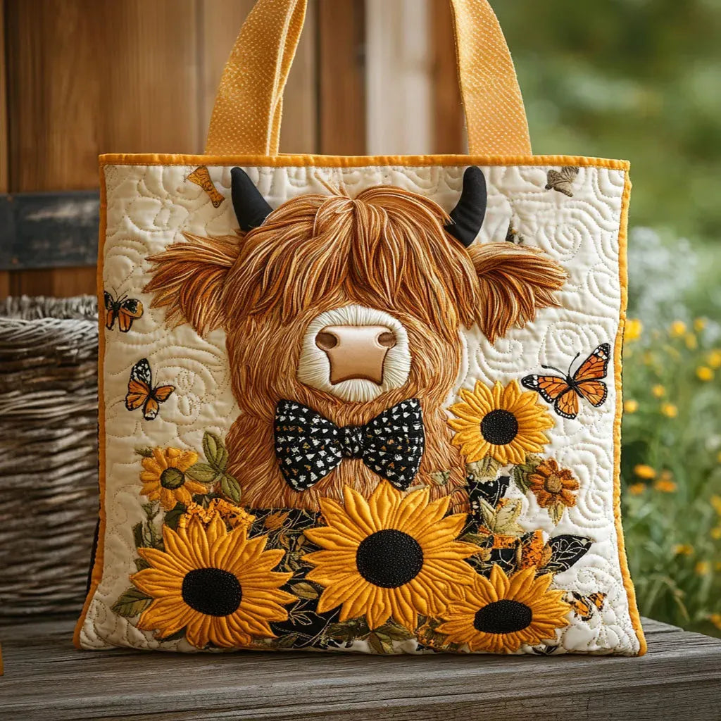 Gesteppte Tasche - Highland-Kuh mit Sonnenblumen