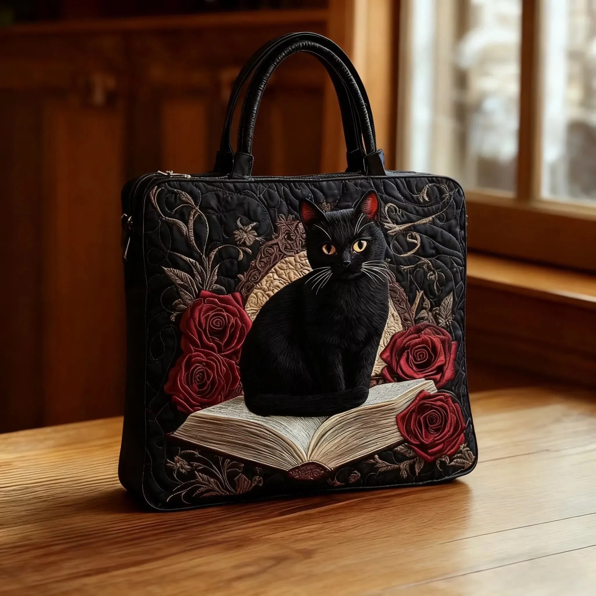 Handgefertigte, gepolsterte Tasche - Chat Noir auf Bücher