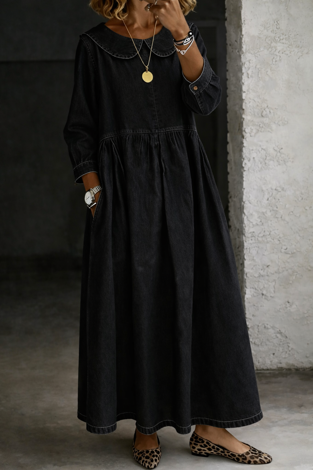 Clara | Peter Pan Kragen Denim Kleid