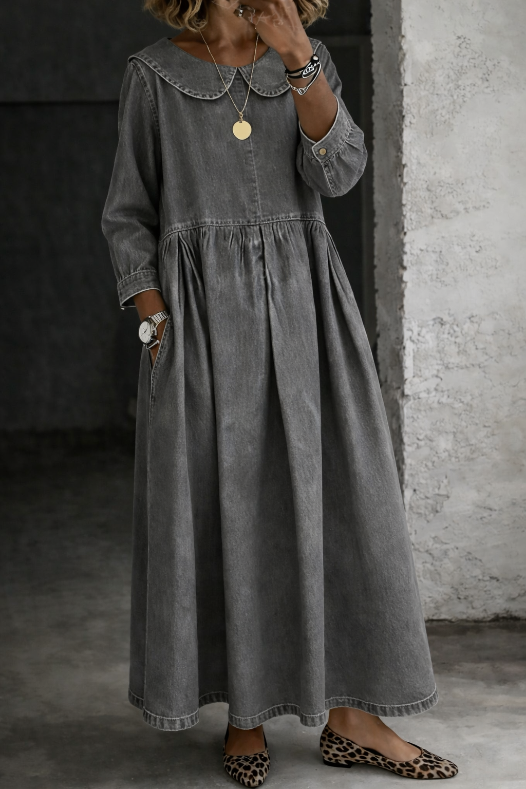 Clara | Peter Pan Kragen Denim Kleid