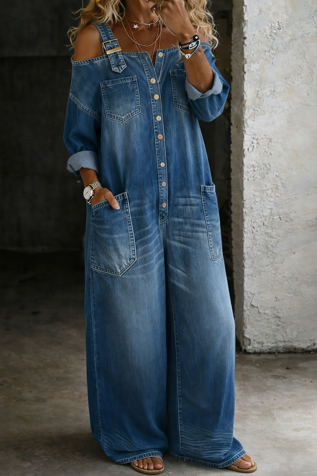 Stephanie | Schulterfreies Denim-Hemd Jumpsuit