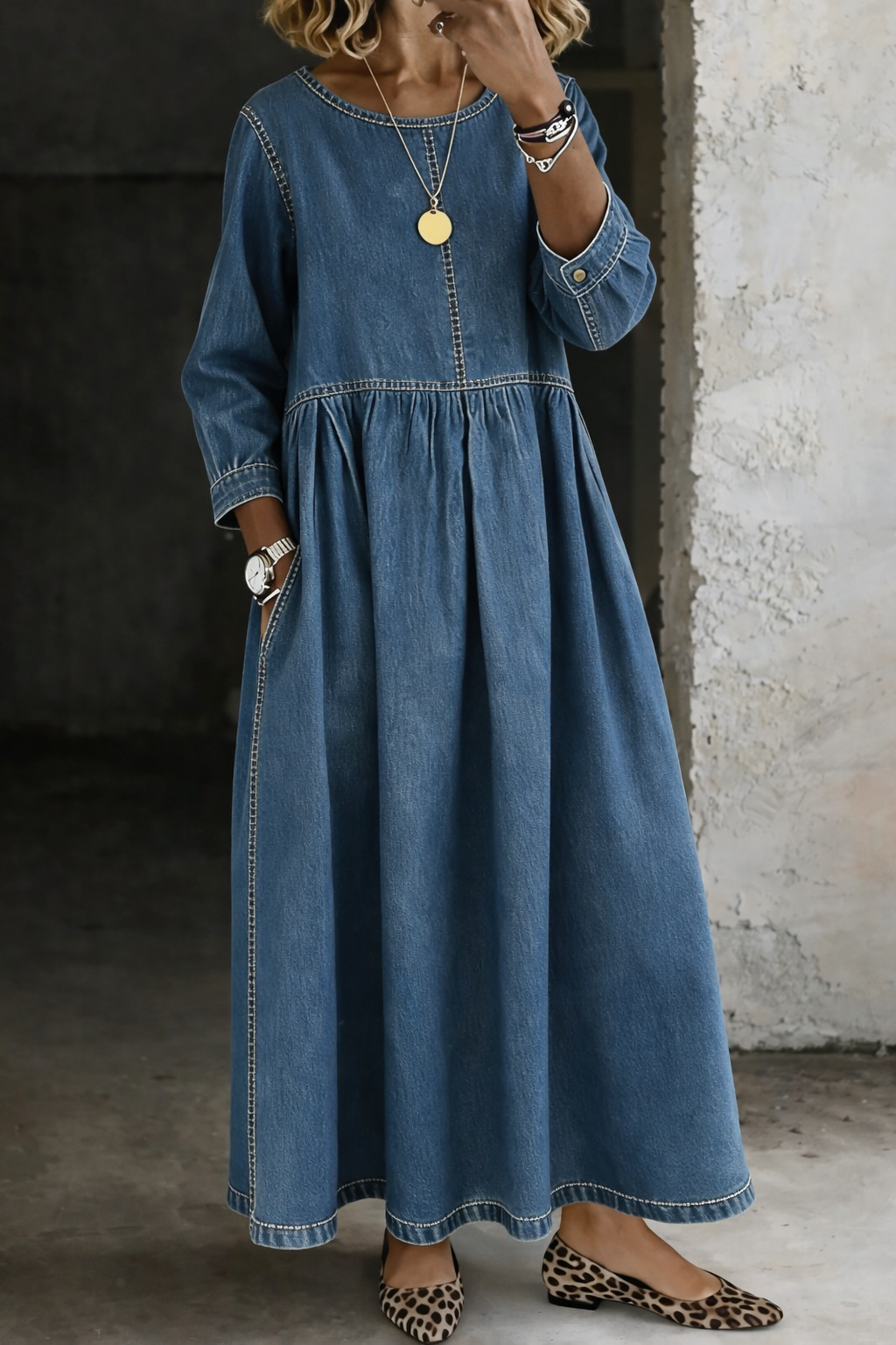 Melissa | Rundhalsausschnitt Langärmeliges Denim-Kleid