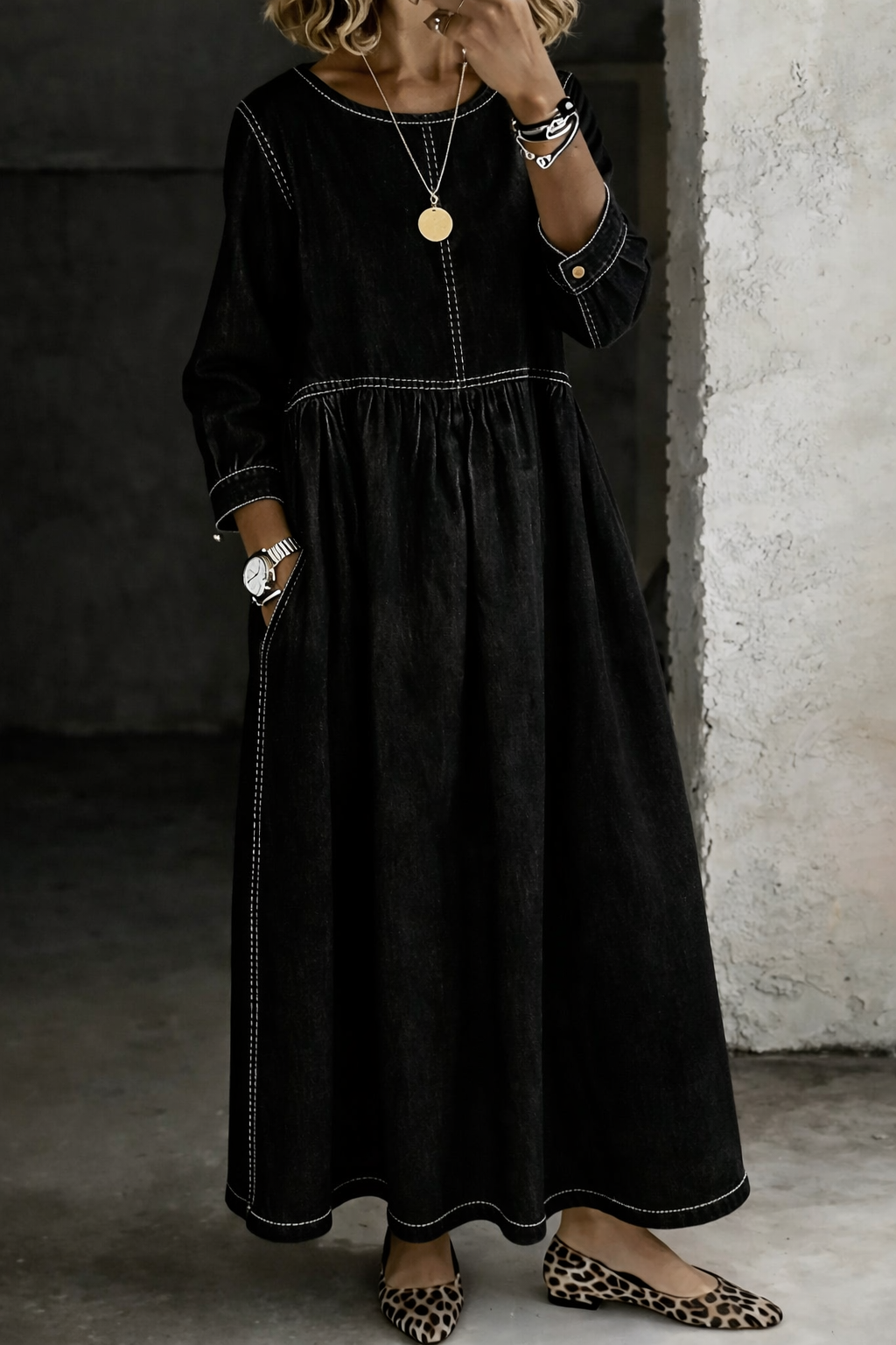 Melissa | Rundhalsausschnitt Langärmeliges Denim-Kleid