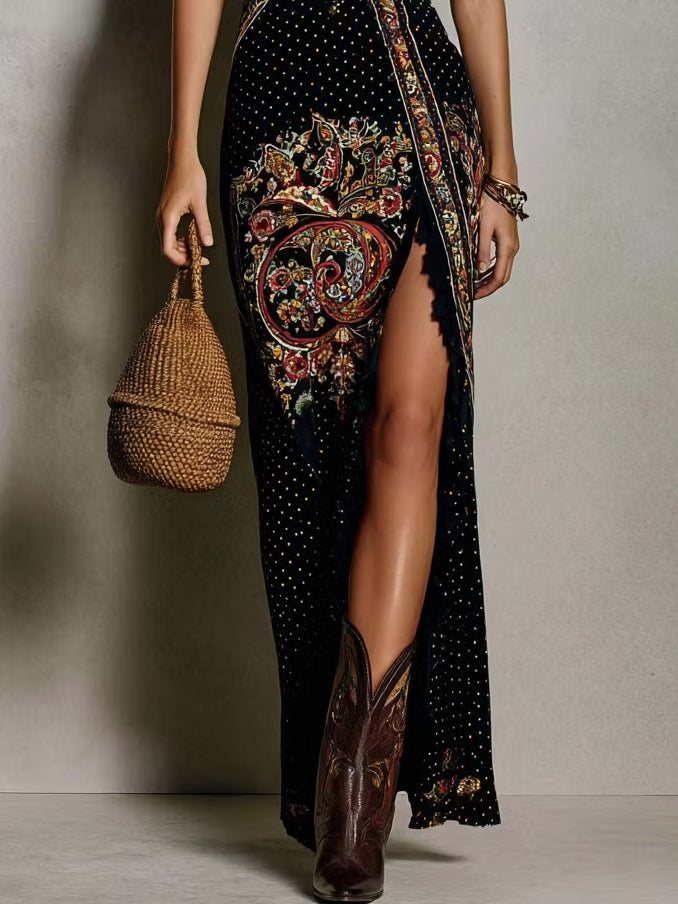 Romane | Bedrucktes Boho-Kleid mit tiefem V-Ausschnitt und hohem Schlitz