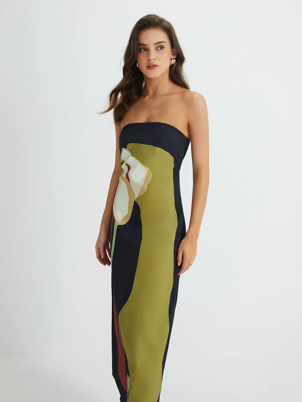 Trägerloses langes Kleid mit Colour Blocking