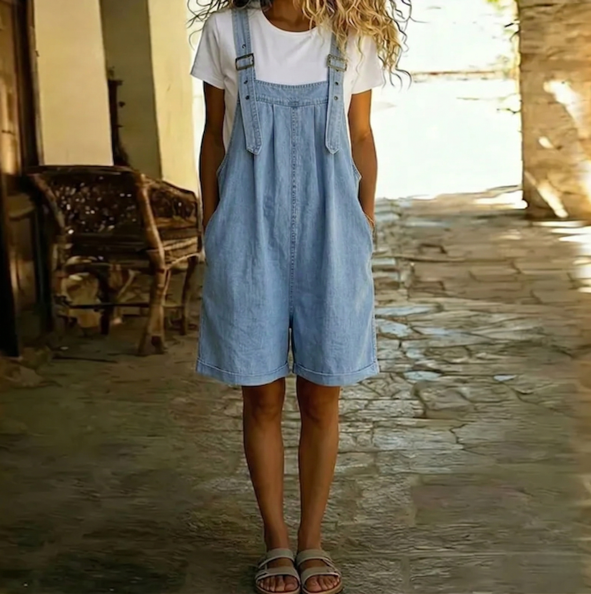 Clara | Vintage Washed Soft Cotton Feel Denim Short Overall Hellblau