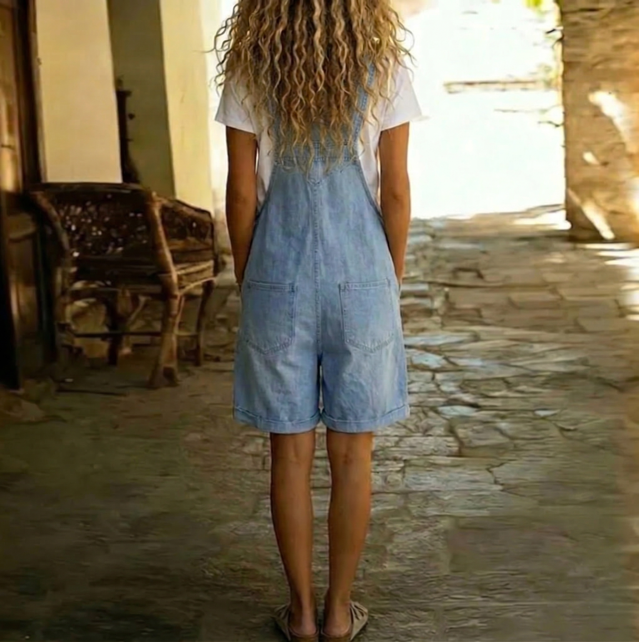 Clara | Vintage Washed Soft Cotton Feel Denim Short Overall Hellblau