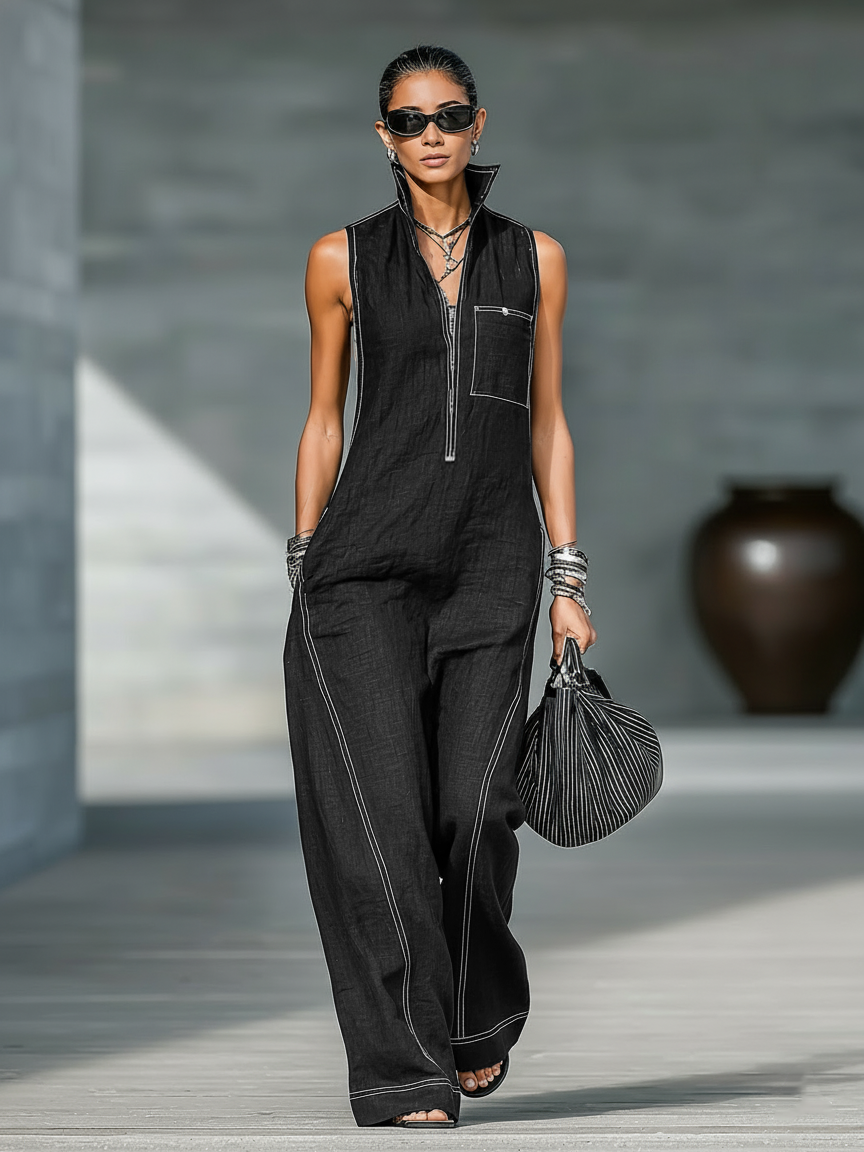 Minimalistische ärmellose Latzhose für Frauen mit weißem Rand