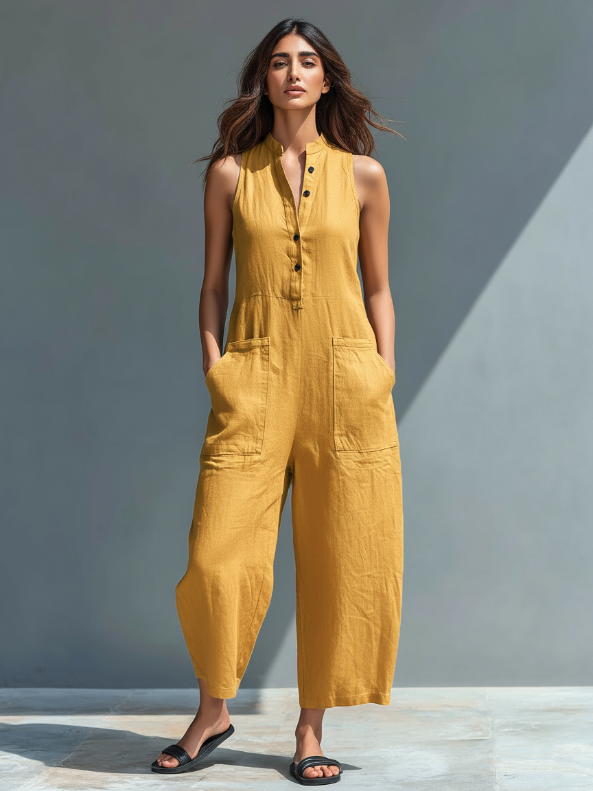 Minimalistische ärmellose Latzhose aus Halbleinen für Frauen mit Stehkragen und Knöpfen