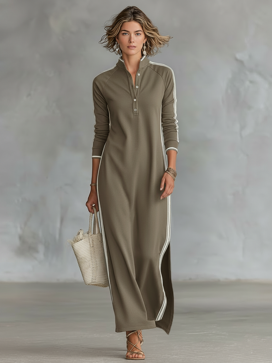 Damen Maxi Sweatkleid mit Button-Down-Kragen und weißem Rand