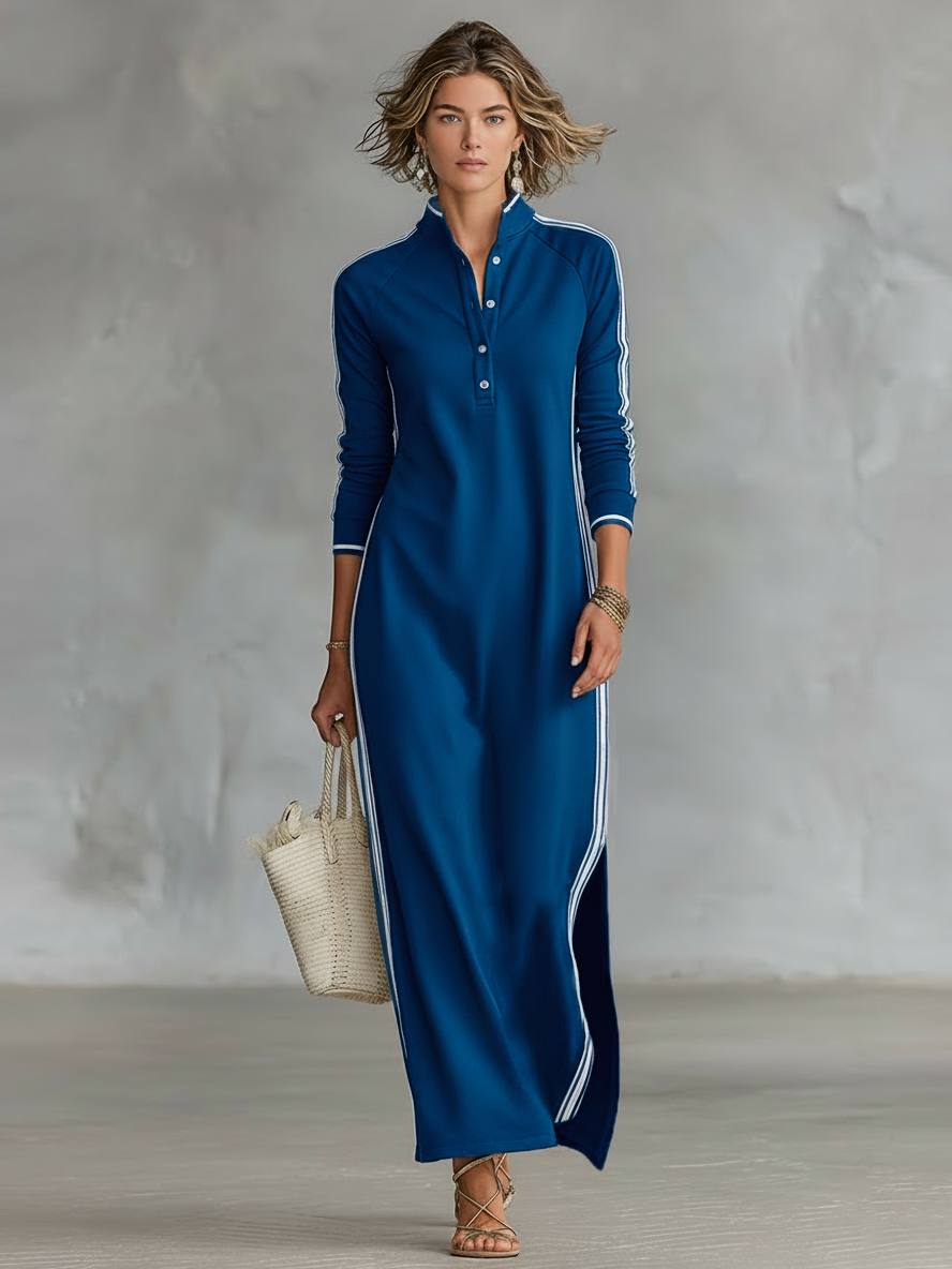 Damen Maxi Sweatkleid mit Button-Down-Kragen und weißem Rand