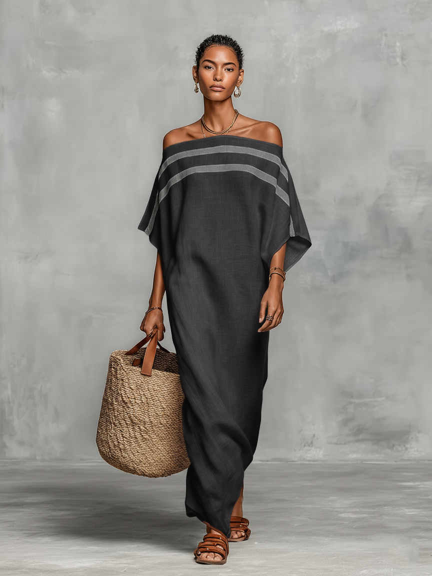 Minimalistisches Maxikleid aus Leinen für Frauen mit Off-the-Shoulder-Ausschnitt und Chauvet-Maus-Ärmeln