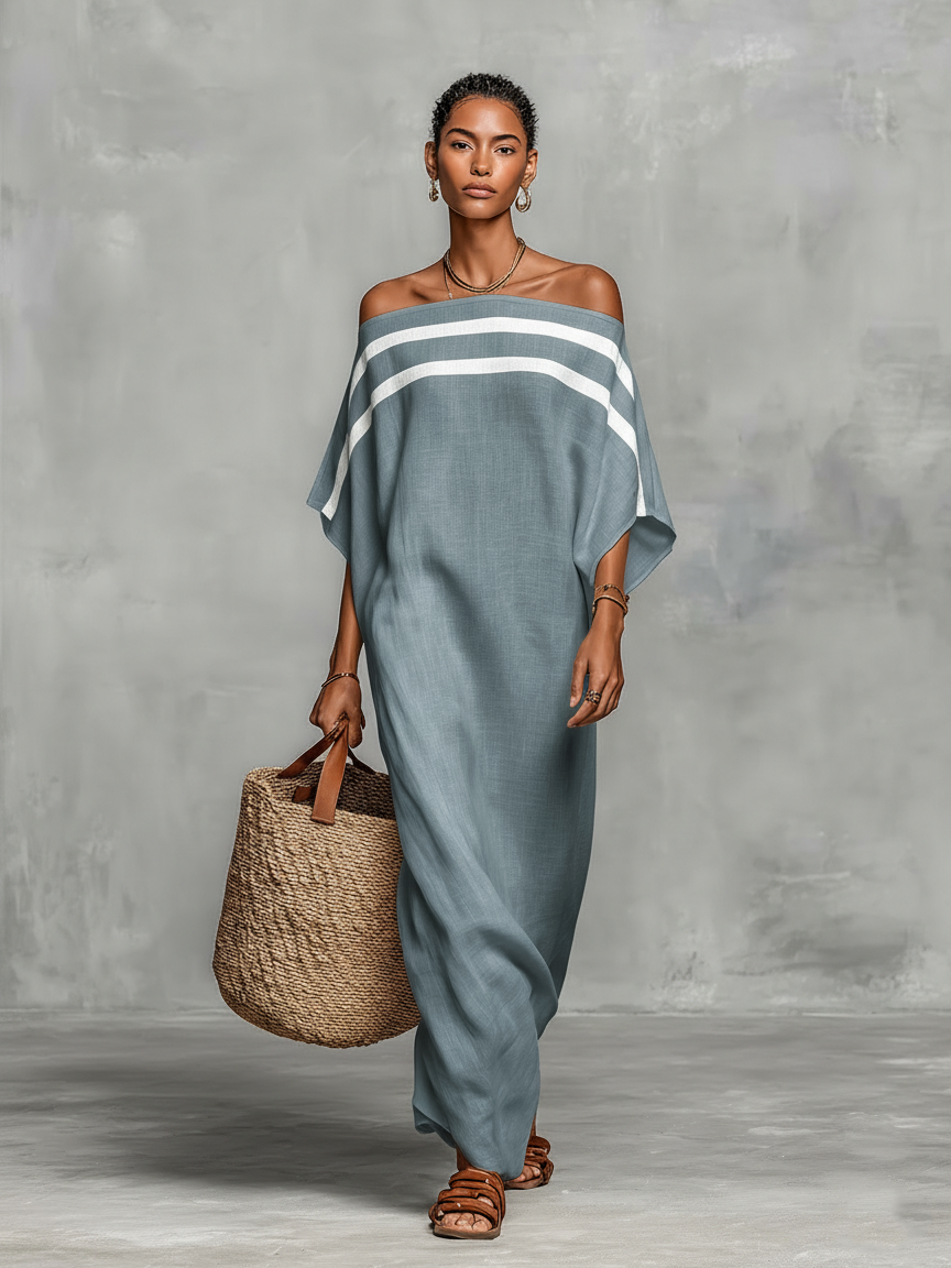 Minimalistisches Maxikleid aus Leinen für Frauen mit Off-the-Shoulder-Ausschnitt und Chauvet-Maus-Ärmeln