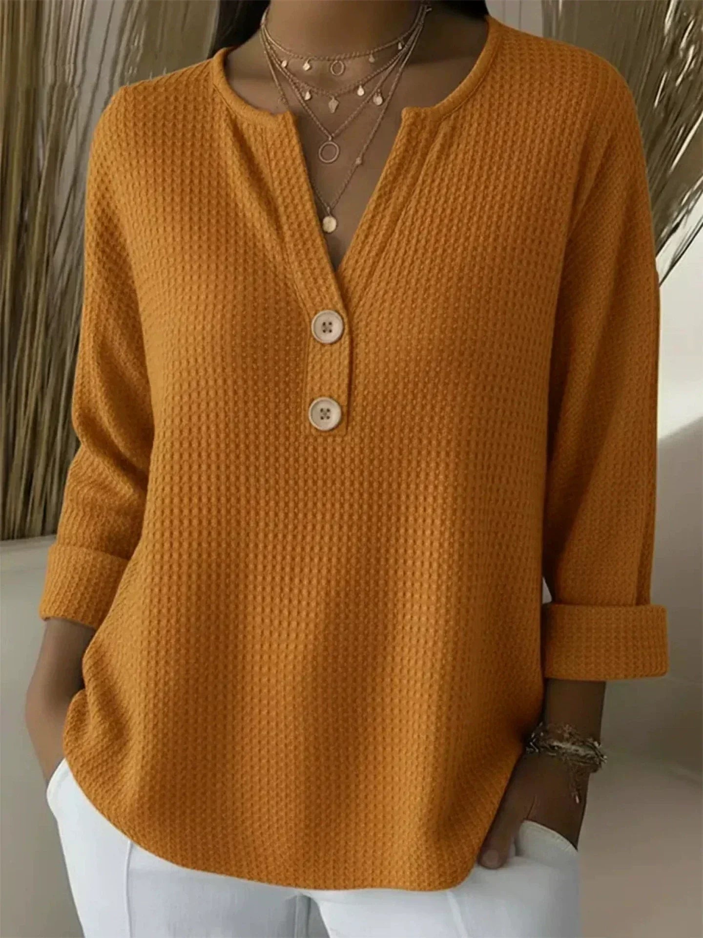 Lucía | Henley-Shirt mit Waffelstruktur und Knöpfen