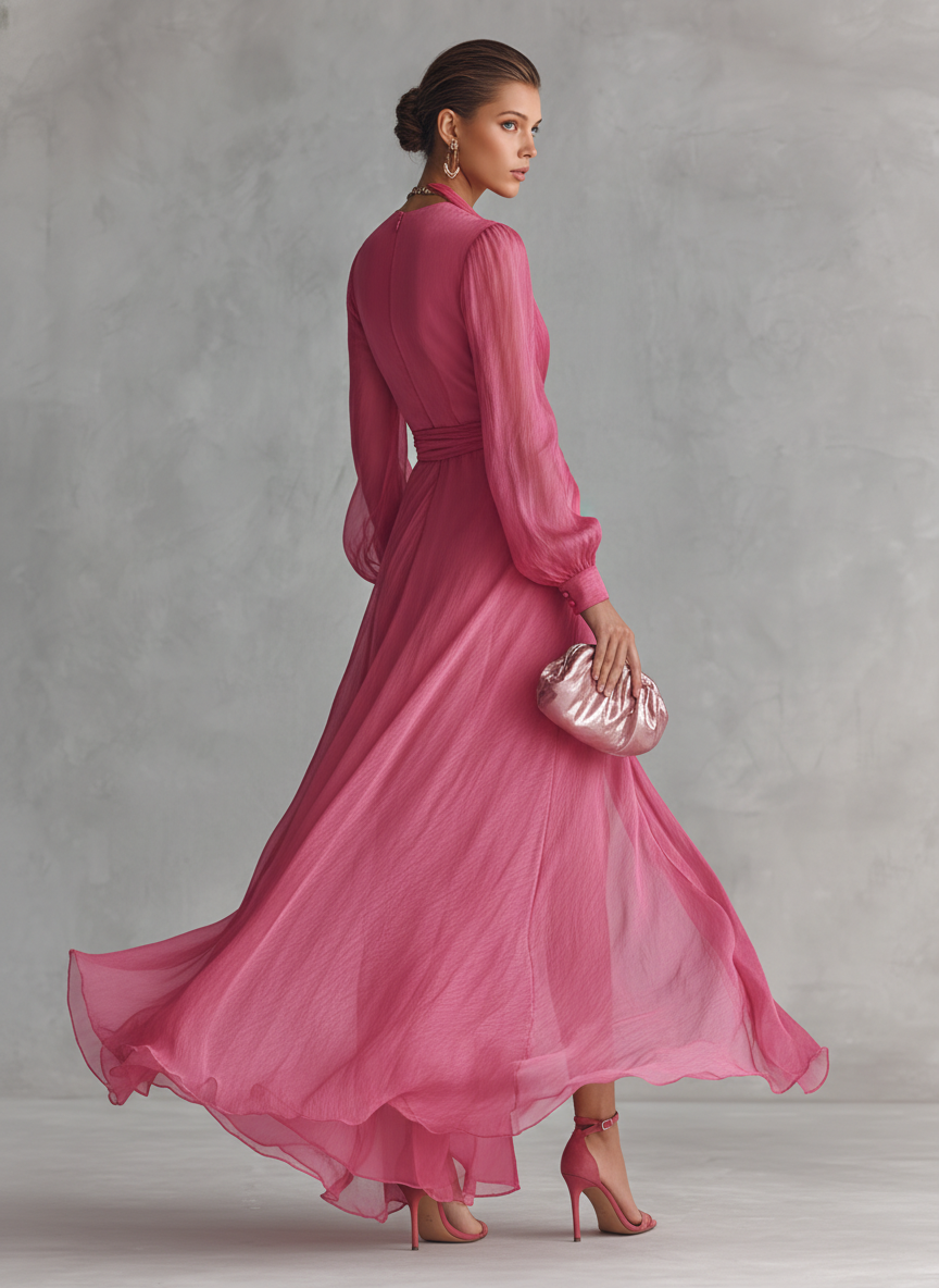 Elegantes langes Kleid aus rosa Chiffon mit Perlen und V-Ausschnitt für Frauen