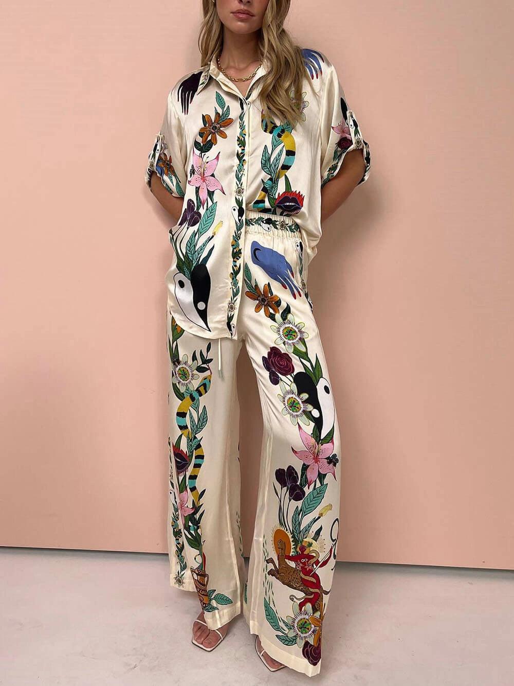 Nika | Satin Hemd und Hose mit einzigartigem Vibes Resort Druck