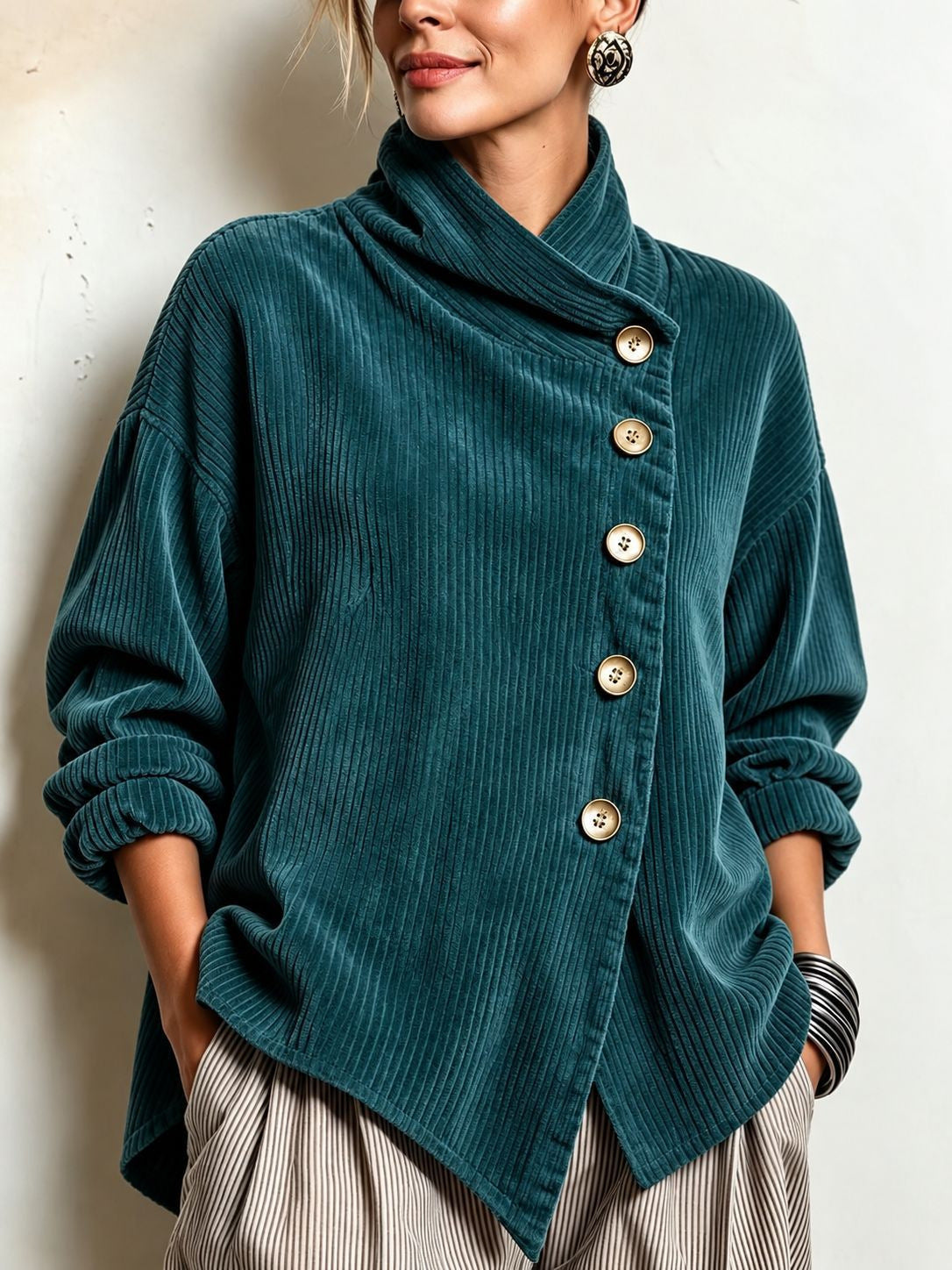 Olivia – Cordbluse mit schräger Knopfleiste – Matchagrün