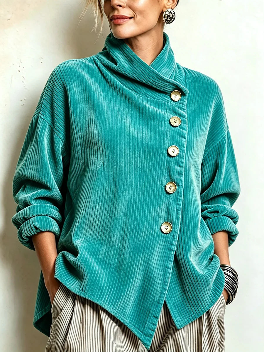 Olivia – Cordbluse mit schräger Knopfleiste – Türkis