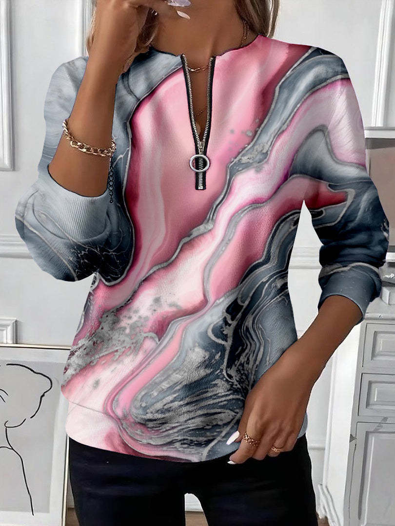 Selma – Sweatshirt mit Reißverschluss und Marmor-Muster in Rosa und Grau