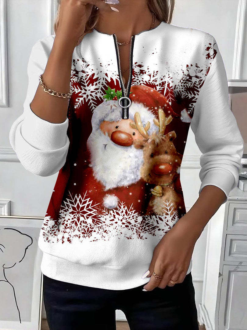 Julie – Weihnachtliches Sweatshirt mit Reißverschluss, Weihnachtsmann und Rentier