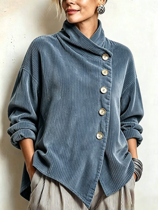 Olivia – Cordbluse mit schräger Knopfleiste – Meeresblau
