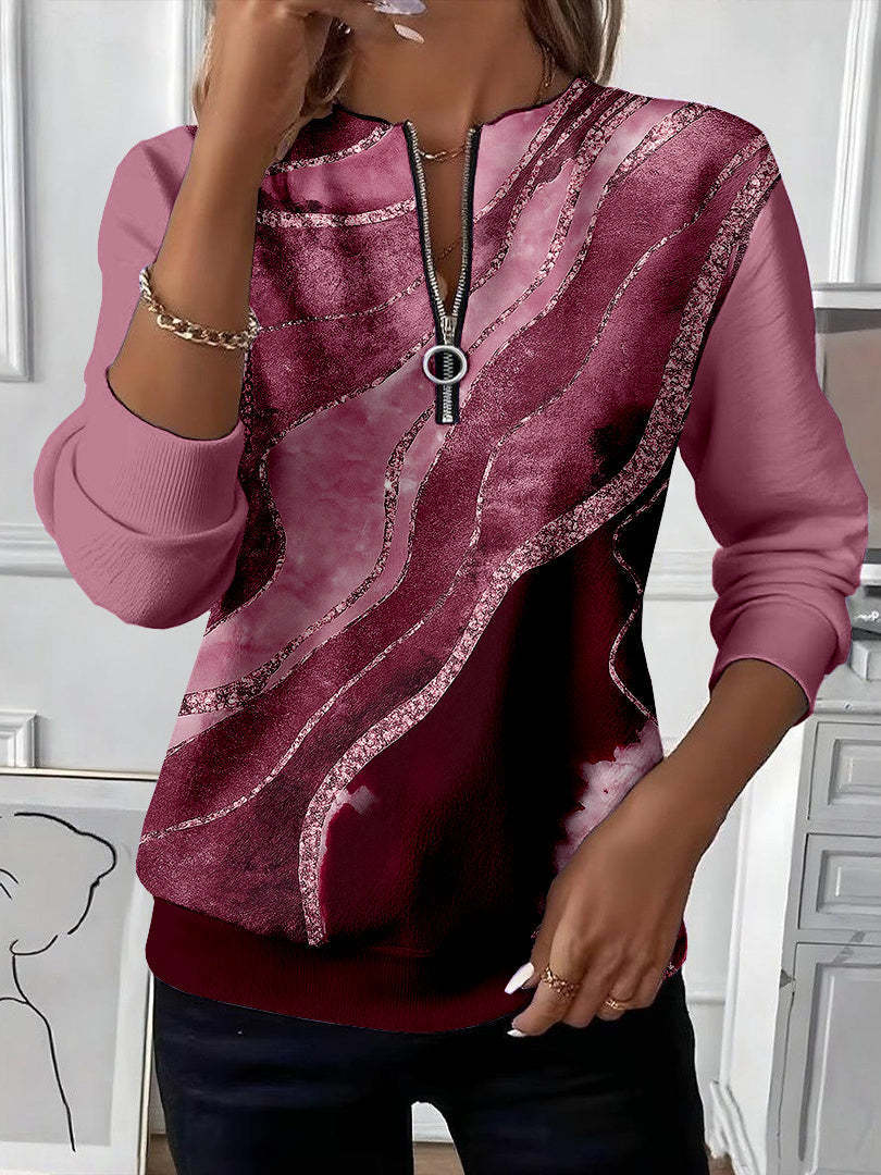 Ida – Sweatshirt mit Reißverschluss und rosa Wellenmuster mit Glitzer