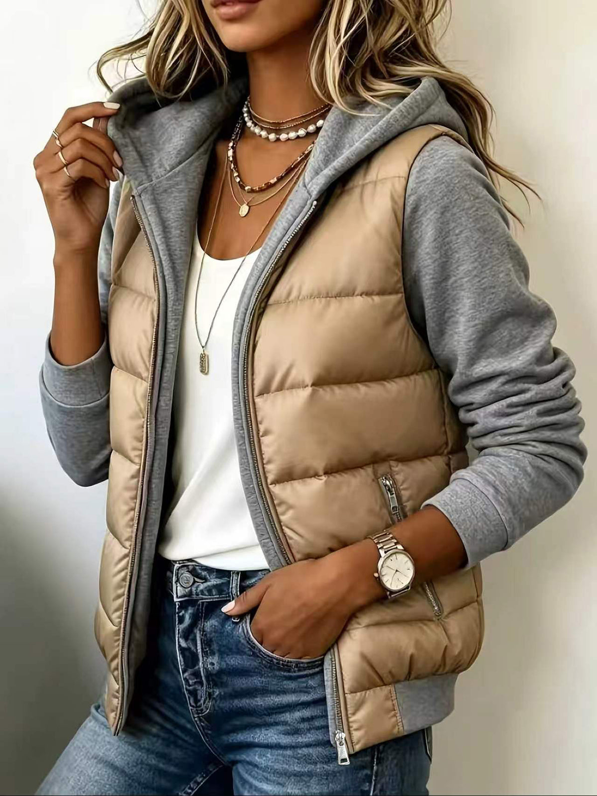 Nina – Gesteppte Colorblock-Jacke mit Kapuze