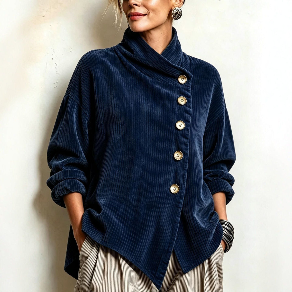 Olivia – Cordbluse mit schräger Knopfleiste – Marineblau