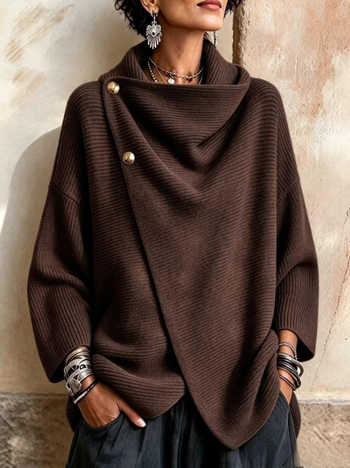 Colette – Asymmetrischer Strickpullover mit Knöpfen