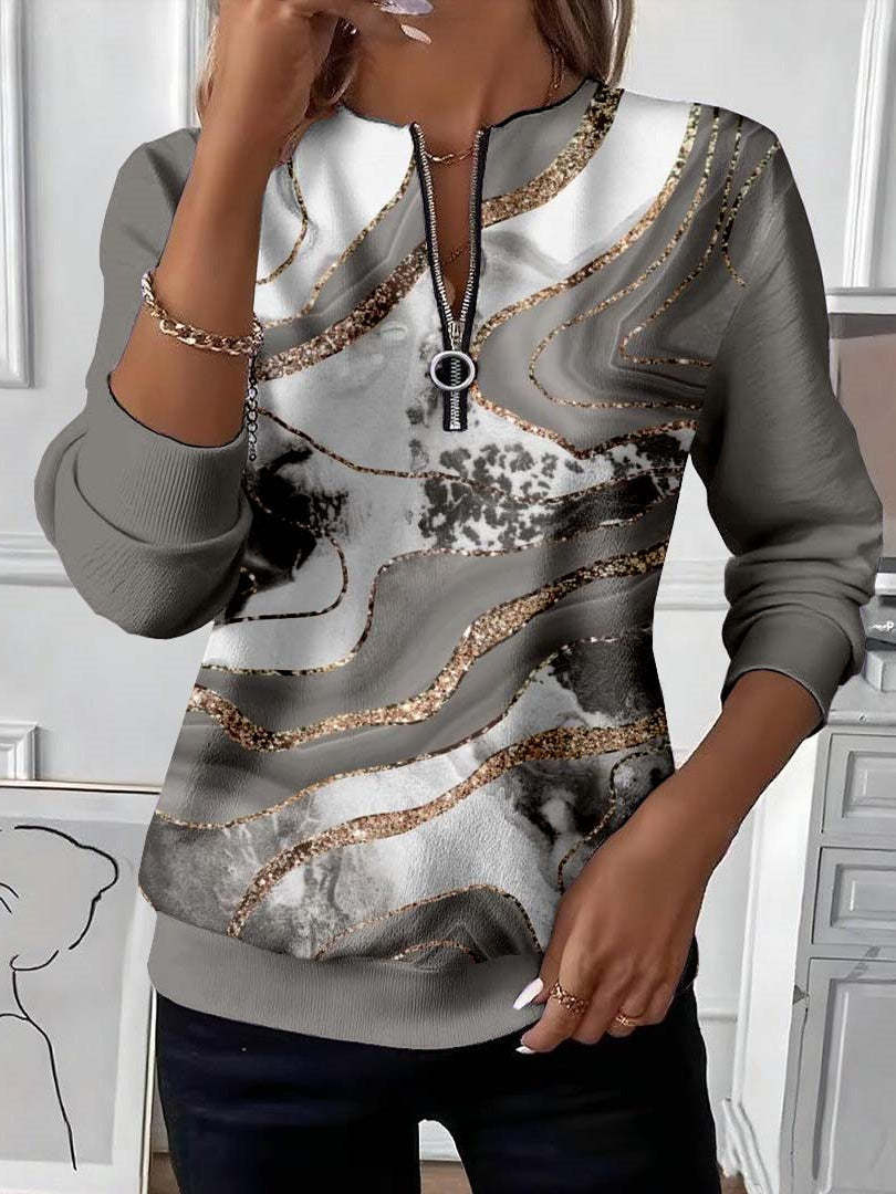 Marie – Sweatshirt mit Reißverschluss und Marmor-Muster mit goldenem Glitzer