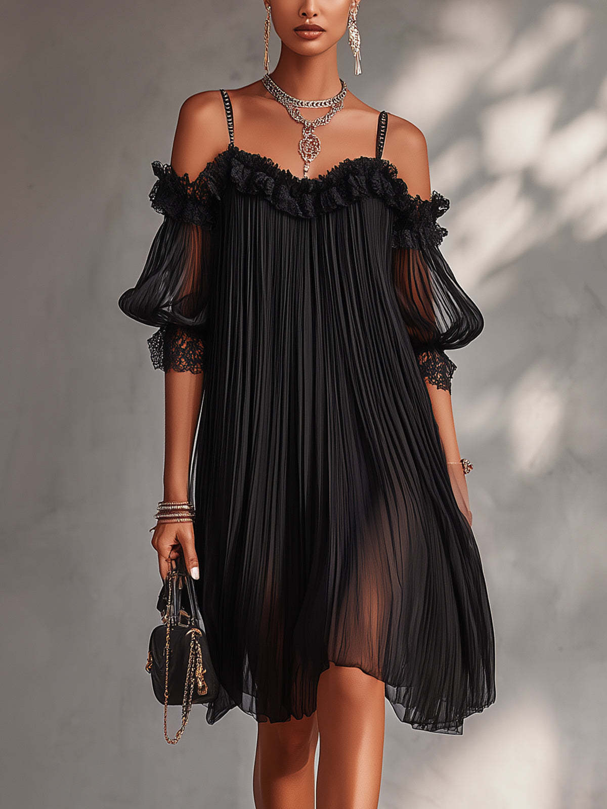 Vittoria – Schwarzes Chiffon-Minikleid mit Spitze