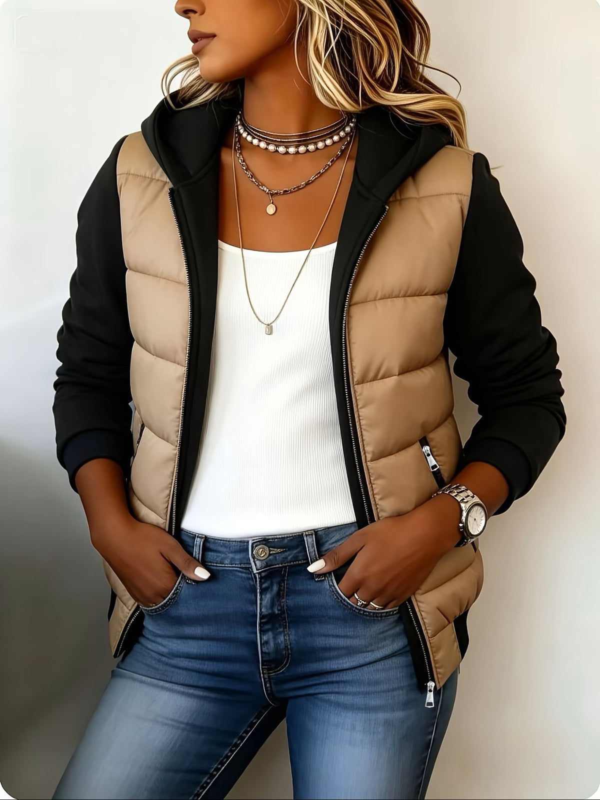 Nina – Gesteppte Colorblock-Jacke mit Kapuze