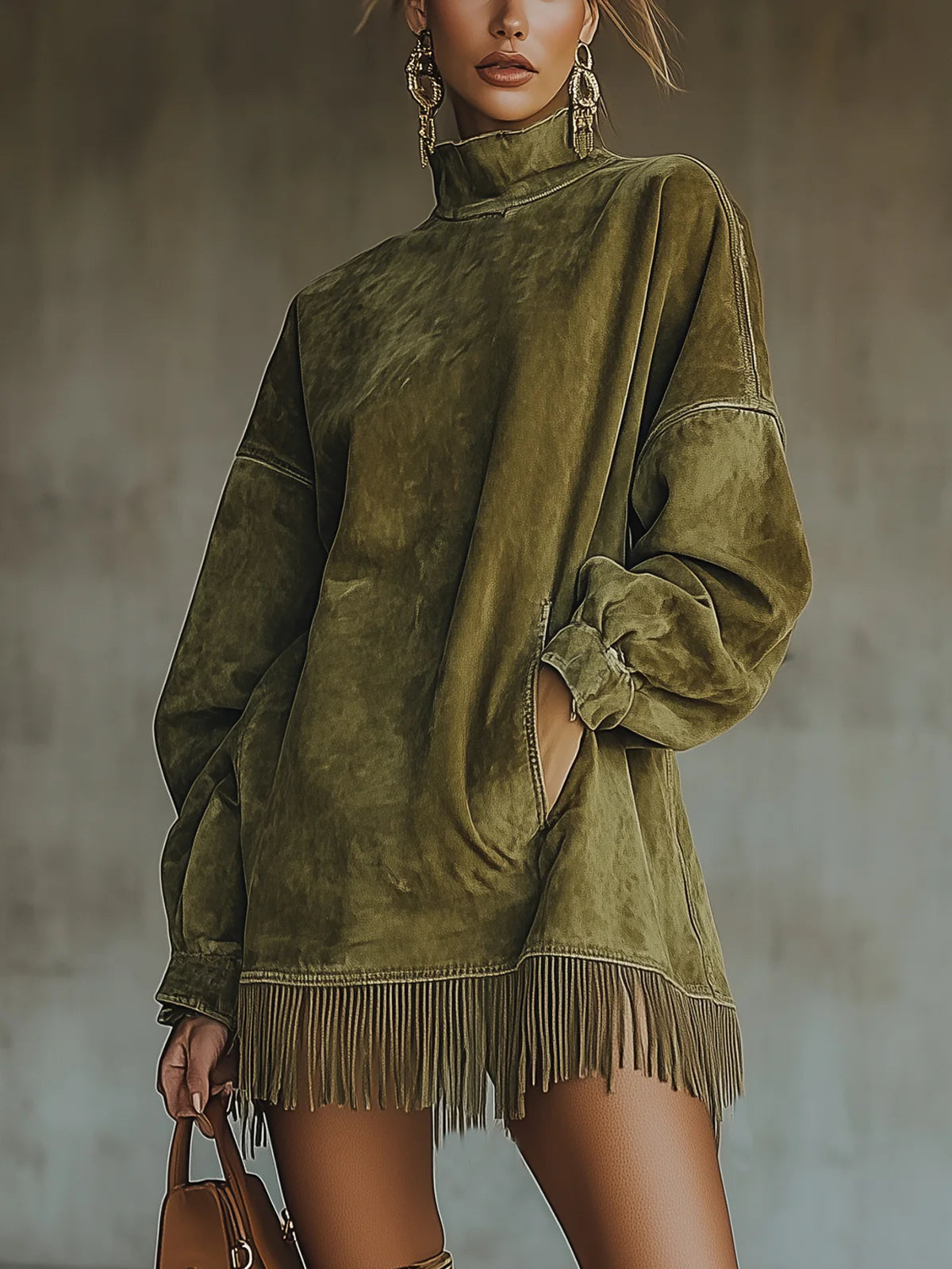 Sophia™ | Hochgeschlossenes Wildleder-Fransen-Minikleid