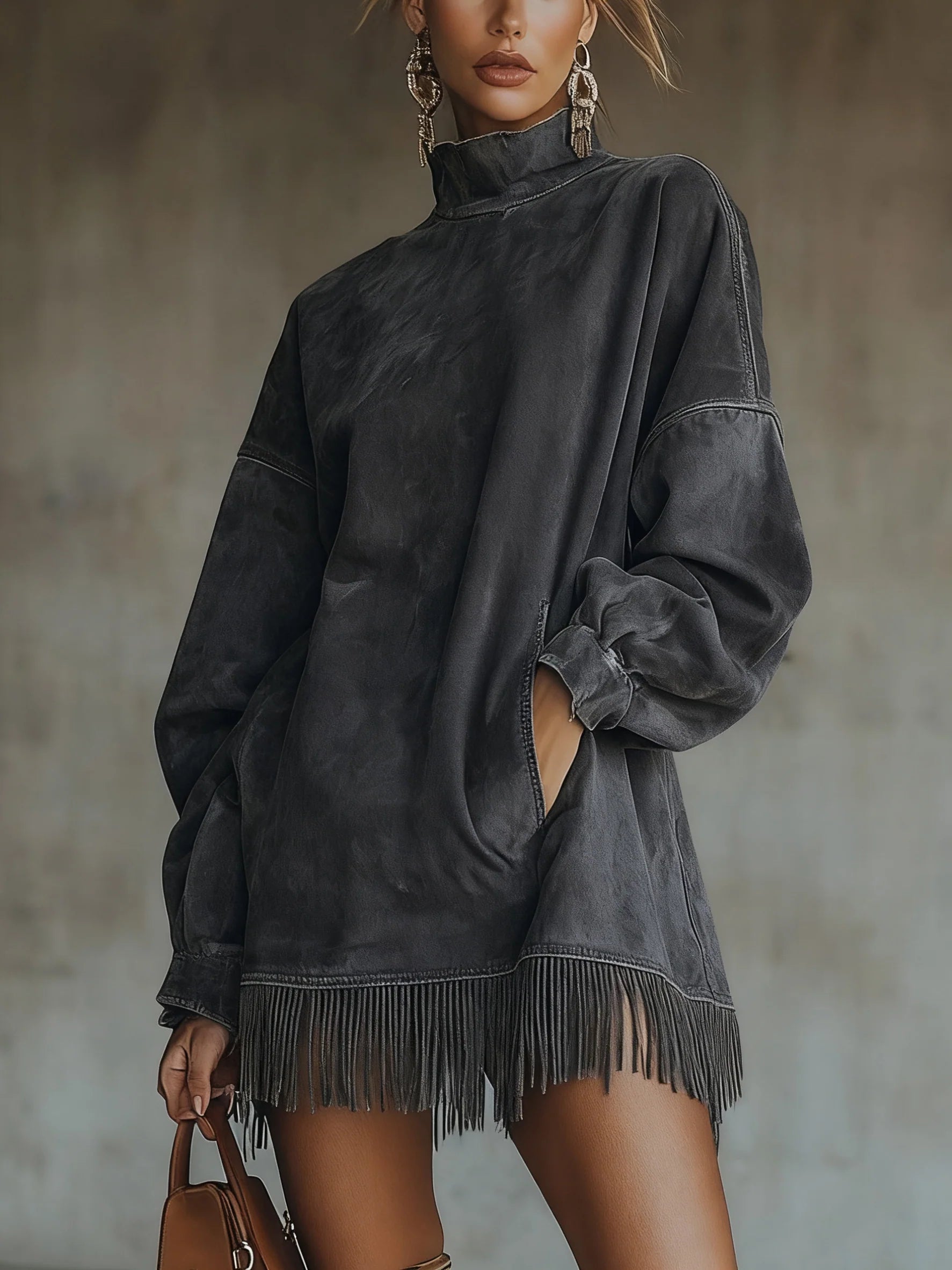 Sophia™ | Hochgeschlossenes Wildleder-Fransen-Minikleid