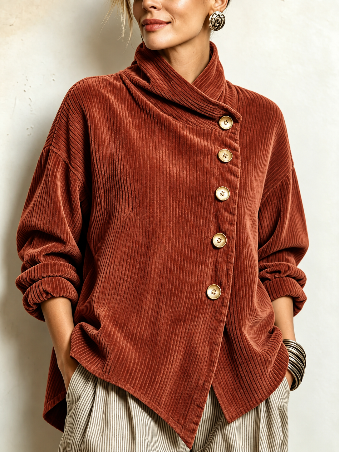 Olivia – Cordbluse mit schräger Knopfleiste – Terrakotta