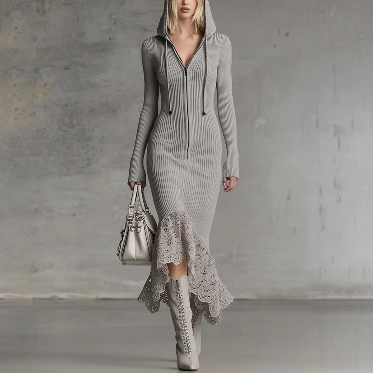 Sierra – Geripptes Strickkleid mit Kapuze