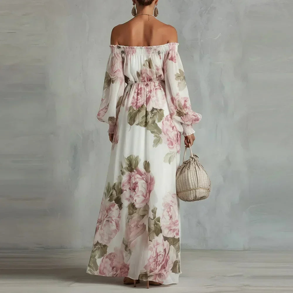 Payton | Schulterfreies florales Maxikleid mit langen Ärmeln