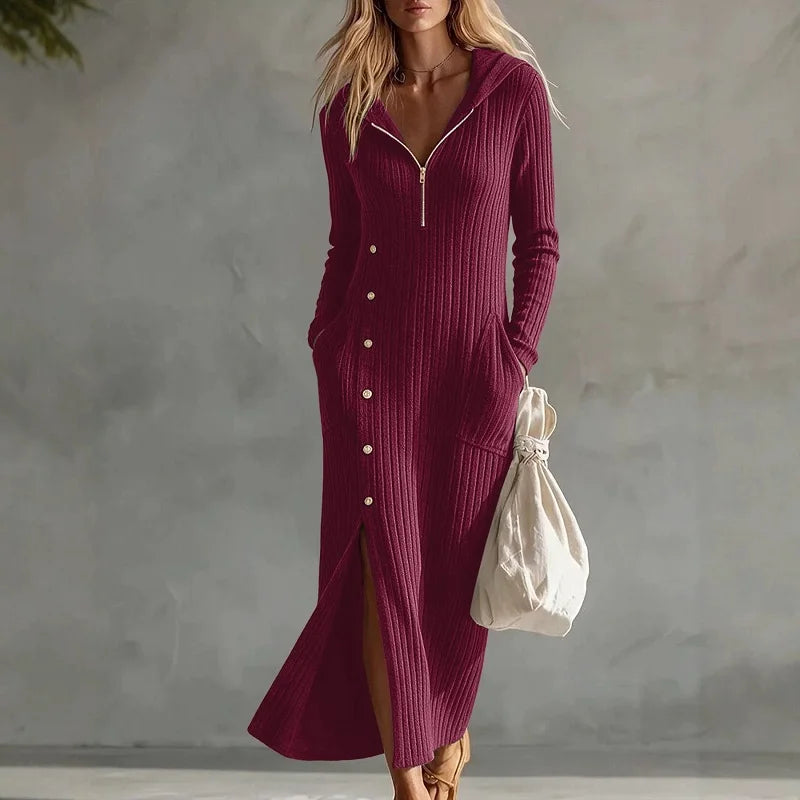 Marcie – Geripptes Midi-Kapuzenkleid