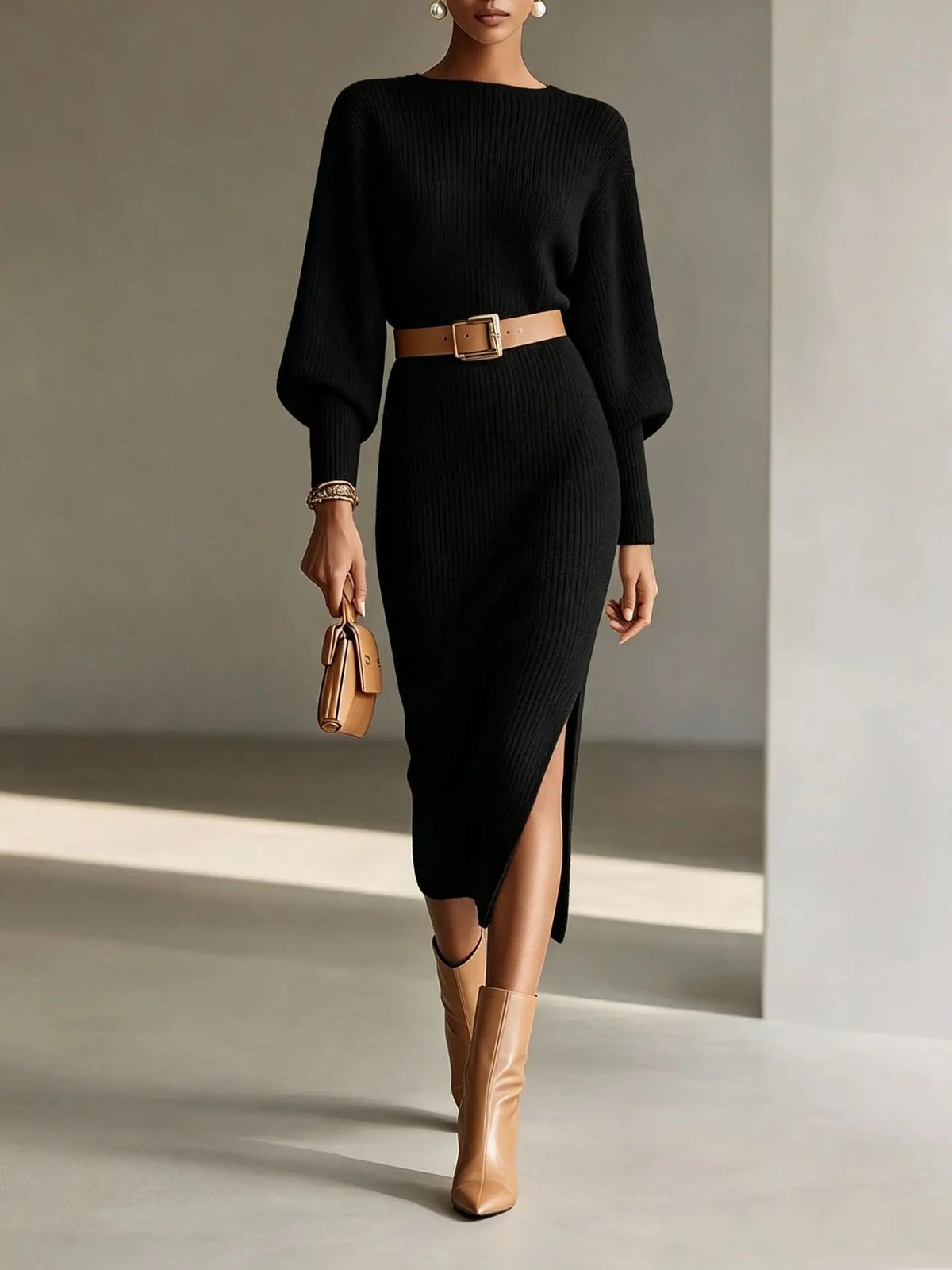 Lynn – Geripptes Strick-Midikleid