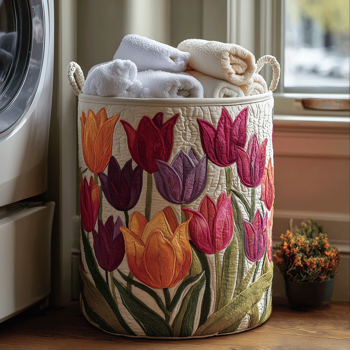 Gepolsterter Korb mit blühenden Tulpen