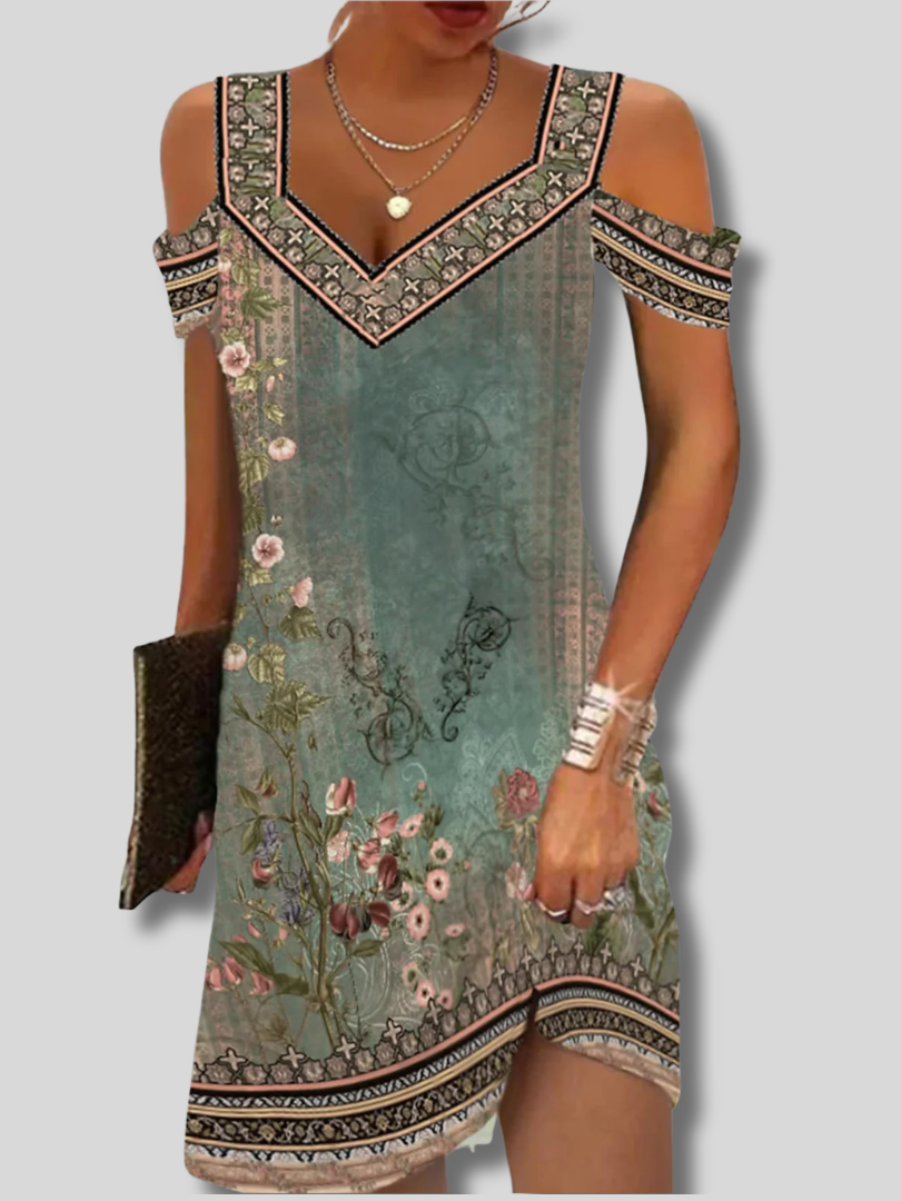 Elodie™ | Minikleid für Damen mit Blumenmuster, V-Ausschnitt, schulterfrei, lockere Passform, lässiger Stil, kurzes Kleid