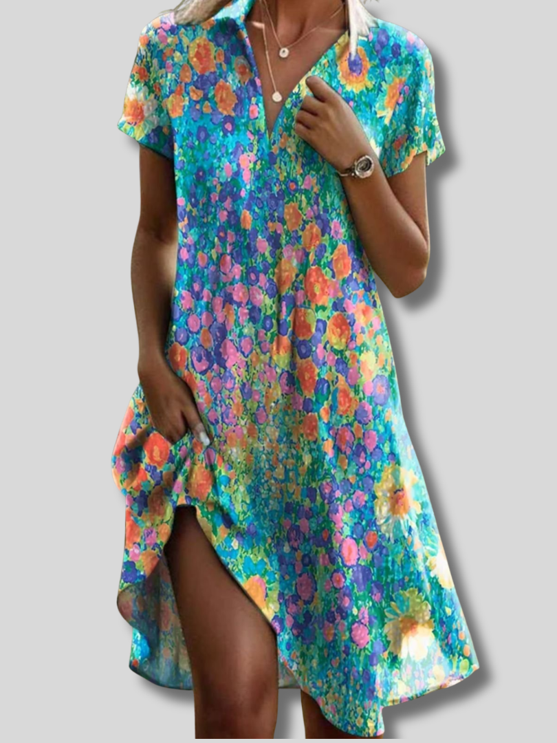 Dahliana™ | Midikleid für Damen mit Blumenmuster, Hemdkragen und kurzen Ärmeln – bequem und lässig