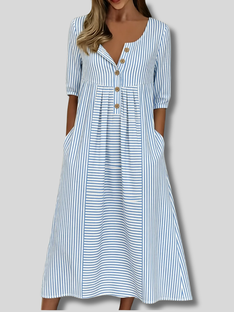 Odessa™ | Gestreiftes Sommerkleid für Damen mit halb offenem Kragen, halblangen Ärmeln und A-Linien-Schnitt