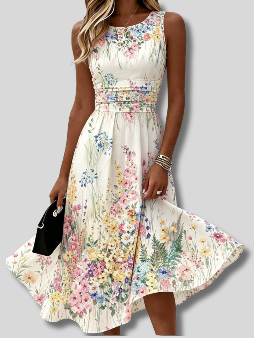 Mariana™ | Sommerkleid für Damen mit Blumenmuster, Rundhalsausschnitt, ärmellos und in A-Linie