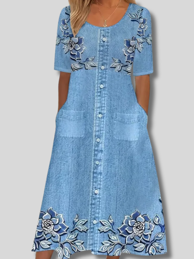 Fiora™ | Sommerkleid für Damen mit Blumenmuster, Rundhalsausschnitt, kurzen Ärmeln, geradem Schnitt und H-Silhouette
