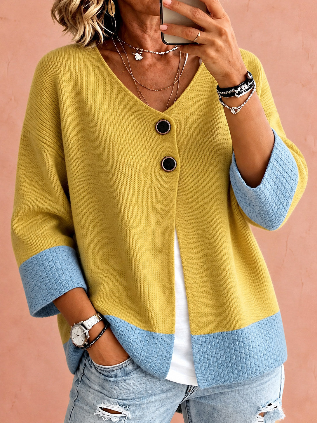 Jennifer™ | Farveblokstrikket cardigan