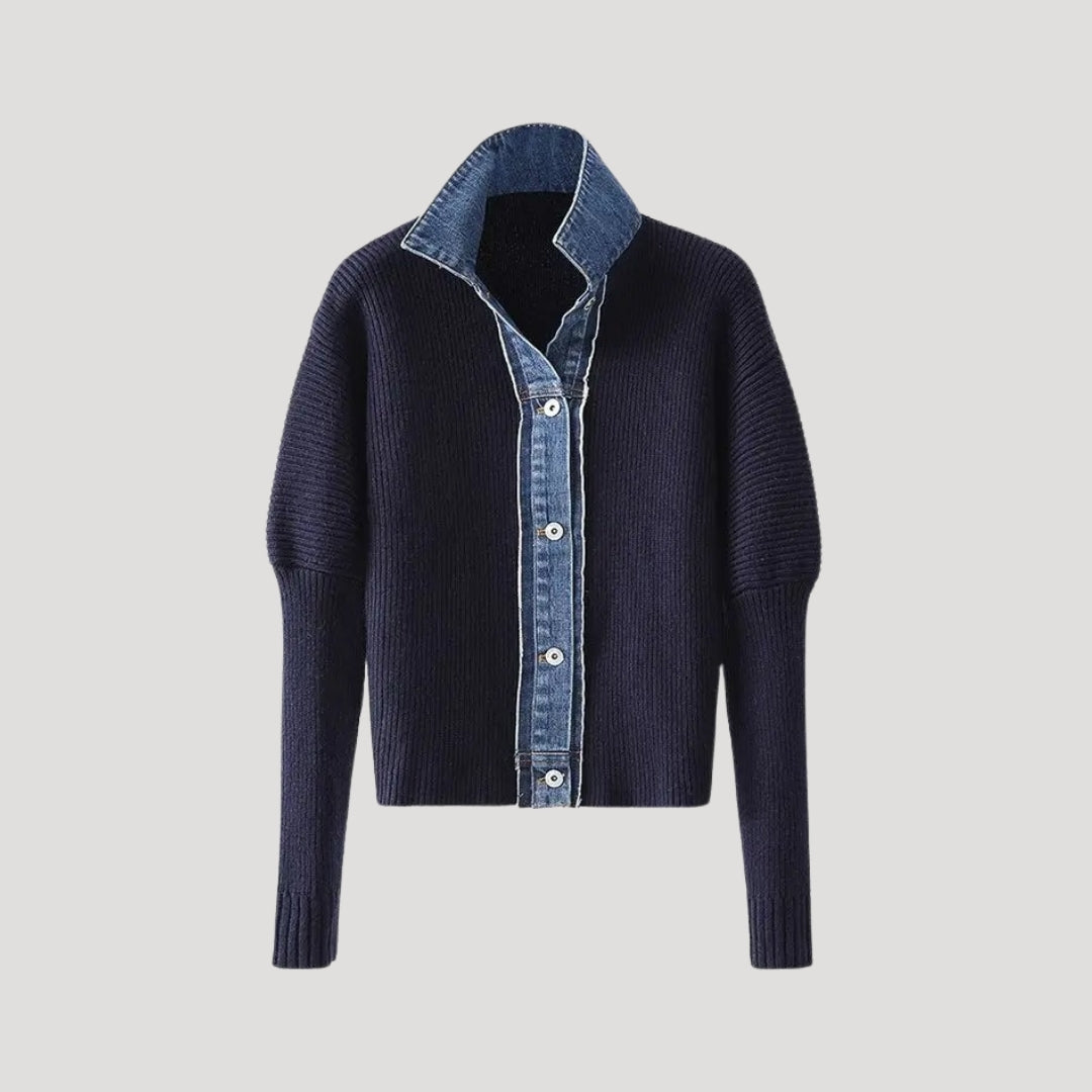 Marineblaue Strickcardigan für Damen mit Denim-Besatz