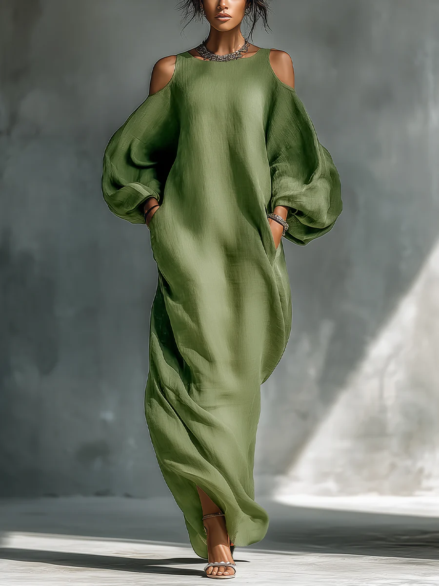 Anika | Grünes Maxikleid mit offenen Schultern und Ballonärmeln