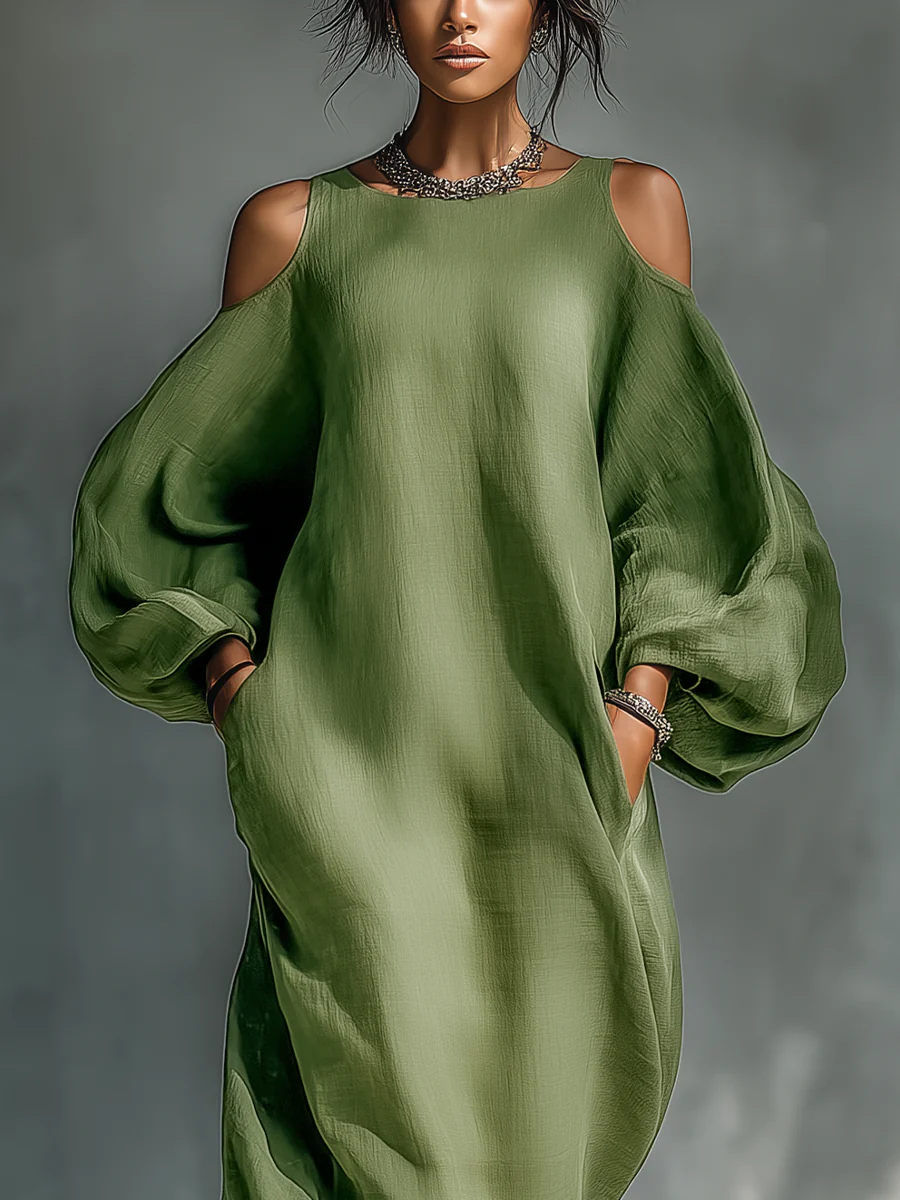 Anika | Grünes Maxikleid mit offenen Schultern und Ballonärmeln